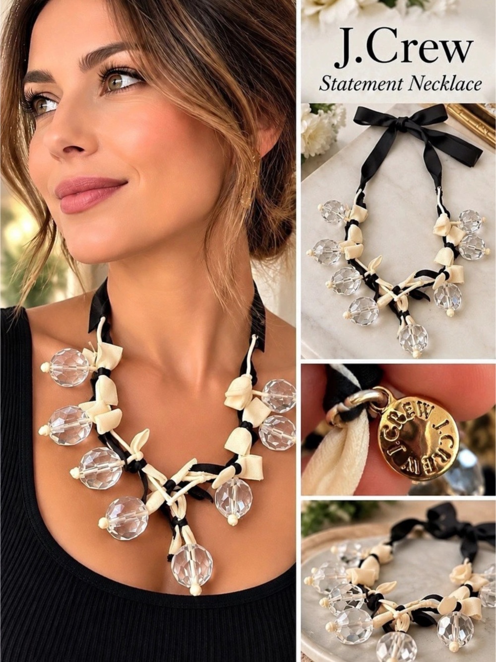 J.Crew Artistic Crystal Ribbon Necklace Black & Clear